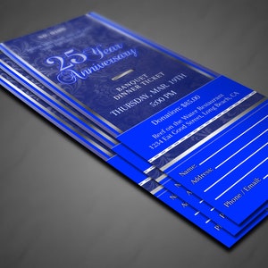 CORJL Church Anniversary Gala Banquet Ticket Template - Vintage Blue and Silver | Editable in Corjl | 3x7 inch
