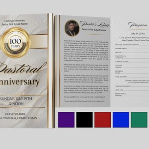 Puede incluir: Un programa blanco y dorado para una celebración de aniversario pastoral. El programa incluye la fecha, la hora y la información del orador invitado. El programa también incluye una sección para el legado del pastor.