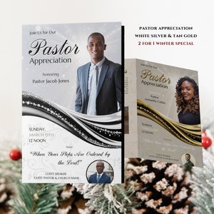 May include: Two Pastor Appreciation programme templates. The left template is white with black and silver accents. The right template is tan with gold accents. Both templates feature a photo of a pastor and the text "Join Us for Our Pastor Appreciation".