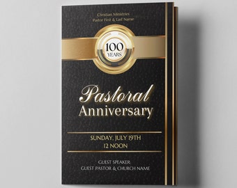 Church Anniversary Program | Editable Canva Template | Black Gold | Size: 11x8.5 | Bifold | 4 page | Pastor Appreciation