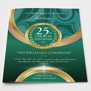CANVA Church Anniversary Program Template | Emerald Green & Gold | Size: 11x17 / Folds to 8.5.x11 | 8 page Booklet | Editable Color Guide