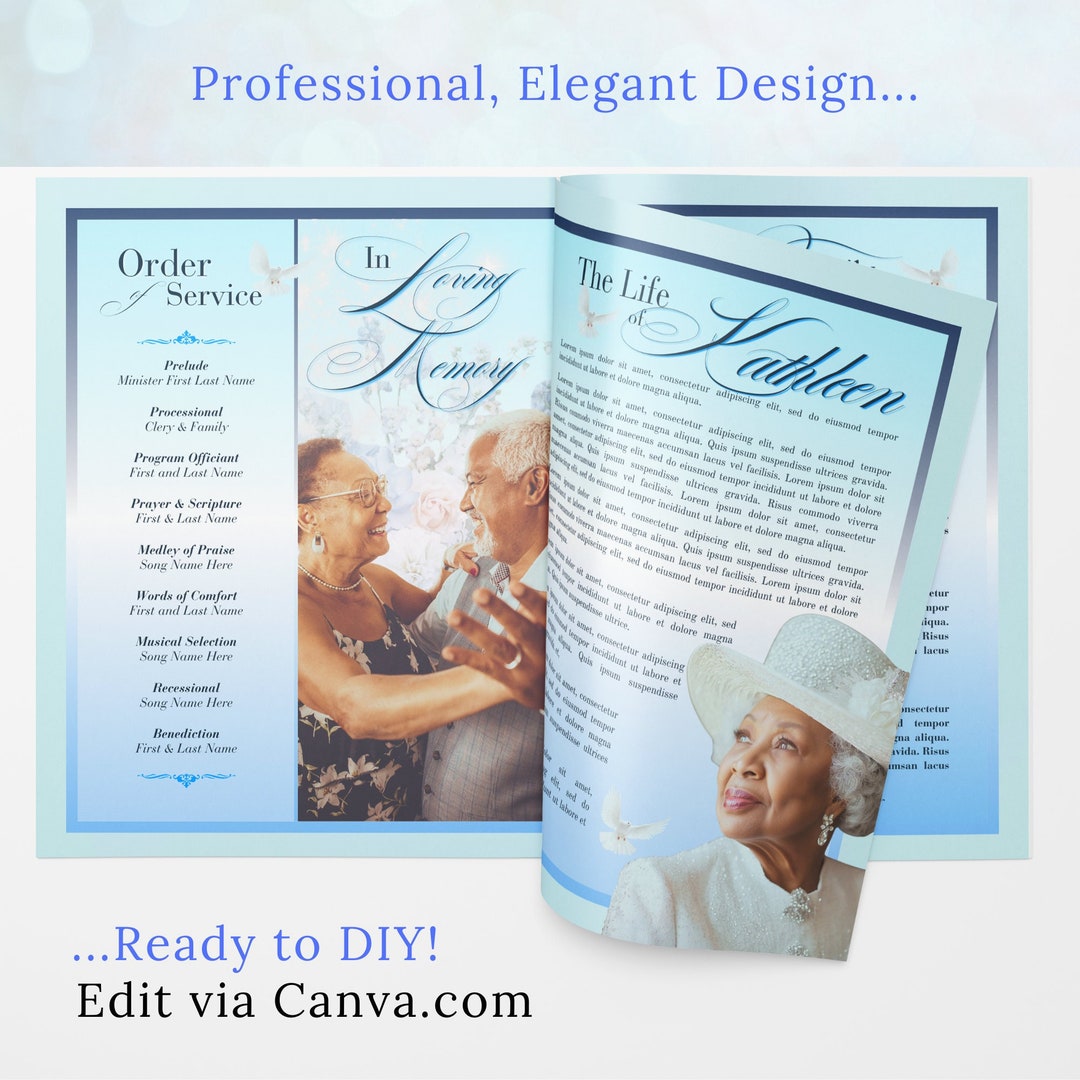 Blue Floral Obituary Template Essence of Life Funeral Program (canva