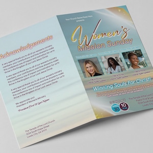 May include: A blue and gold flyer for a Women's Mission Sunday event at The Temple of the Lord Church. The flyer features a photo of three women and the text "Winning Souls For Christ!" The event is scheduled for Sunday, April 30th at 10:00 AM.