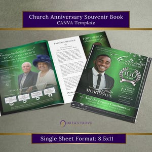 May include: A green and black church anniversary souvenir book template with a photo of a man in a suit and tie. The book cover features the text "Church Anniversary 100 Years" and the date "October 12 Three O'Clock". The inside pages feature a pastor's message and a photo of a couple.