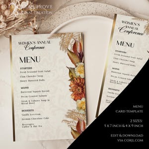 CORJL Womens Ministry Menu Card | Editable Banquet Gala Plate Card | Sizes: 5x7, 4x9 | Cream Fall Template| Brunch Fundraiser Luncheon Event