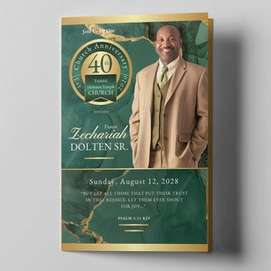 CANVA Pastor Appreciation Program | Editable Church Anniversary Template | Green & Gold | 8.5x5.5 Bifold | 4 Page 1 Sheet | Marble Green