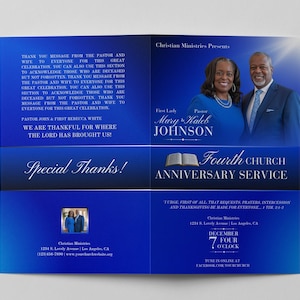 May include: A blue and white invitation for a church anniversary service. The invitation features a photo of a pastor and first lady, a bible, and the text "Fourth Church Anniversary Service". The event is scheduled for December 7th at 7:00 PM. The invitation also includes the church's address, website, and social media information.