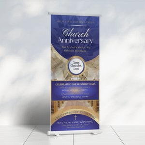 CANVA Church Anniversary Banner | Canva Template | Editable Design Only | Blue Gold | 32 inch wide x 71 inch height | Vertical Only