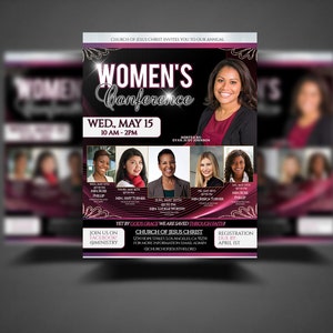 CORJL Women&#39;s Church Conference Flyer | Editable in Corjl Only | Black Burgundy Fuchsia Red Silver | Print Size: 8.5x11