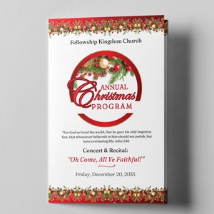 Pode incluir: Um programa de Natal dobrado com um design vermelho e dourado. O programa apresenta o texto "Annual Christmas Program" e "Fellowship Kingdom Church". O programa inclui a data "Sexta-feira, 20 de dezembro de 2035".