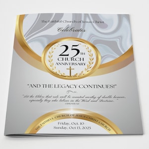 CANVA Church Anniversary Program Template | Silver White & Gold | 2 Size: 11x17 / Folds to 8.5.x11 , 14x8.5  | 8 page Booklet | Editable