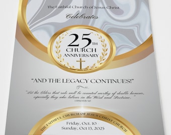 CANVA Church Anniversary Program Template | Silver White & Gold | Size: 11x17 / Folds to 8.5.x11 | 8 page Booklet | Editable Color Guide