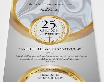 CANVA Church Anniversary Program Template | Silver White & Gold | 2 Size: 11x17 / Folds to 8.5.x11 , 14x8.5  | 8 page Booklet | Editable
