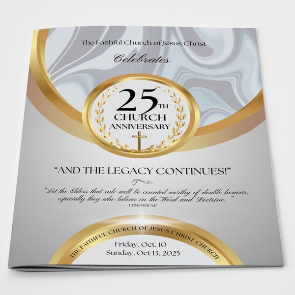 Church Anniversary Program | Canva Template | Silver White & Gold | Size: 11x17 / Folds to 8.5.x11 | 8 page Booklet | Editable Color Guide
