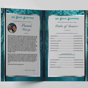 CORJL Church Anniversary Program Template | Editable in Corjl | Vintage Royal Turquoise Silver | Print Sizes: 11X17 & 11x8.5 | 4 Page | O200
