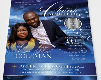 Church Anniversary Program | Canva Template | Great Blue & Silver | Size: 17x11 / Folds to 8.5.x11 | 8 page Booklet | A500