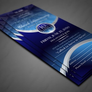 CANVA Church Anniversary Ticket | Blue & Gold | Canva Gala Template | Size: 3x7 | Editable Color Guide