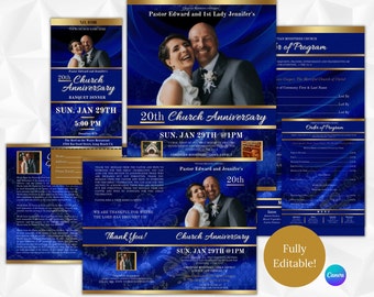 May include: A blue and gold church anniversary invitation with a photo of a couple, the text "20th Church Anniversary" and the date "Sun. Jan 29th @ 1PM".