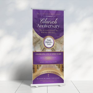 CANVA Church Anniversary Banner | Canva Template | Editable Design Only | Purple Gold | 32 inch wide x 71 inch height | Vertical Only