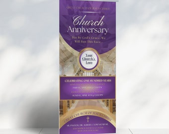 CANVA Church Anniversary Banner | Canva Template | Editable Design Only | Purple Gold | 32 inch wide x 71 inch height | Vertical Only