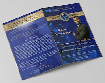 Church Anniversary Program Template - Editable in Canva | 2 Sizes: 11x8.5 , 17x11 (4 page) 1 sheet | Crystal Blue & Gold