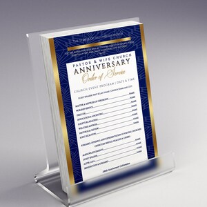 May include: A blue and gold program for a Pastor and Wife Church Anniversary. The program lists the order of service, including the guest speaker, master and mistress of ceremony, worship service, prelude, invocation and anointing, scripture reading, welcome address, historical review, song selection, remarks, offering and representation of visiting churches, offertory service, deacons and ushers, acknowledgements, guest speaker, altar call, benediction and remarks. The program is titled "The Temple of Fellowship Church" and "Pastor & Wife Church Anniversary Order of Service".