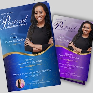 CANVA Pastoral Installation Service Brochure | Purple, Blue & Gold Program | Pastor Inauguration Church Install | 11x8.5 Fold 8.5x5.5