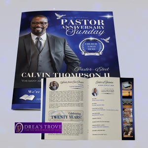 Blue & Silver Pastor Anniversary Program Template | Editable Canva Bifold