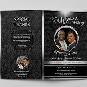 CORJL Pastor&#39;s Church Anniversary Template | Editable | Vintage Royal Silver & Black | Size: 8.5x11 Folded-8.5x5.5 | 1 sheet - 4 page