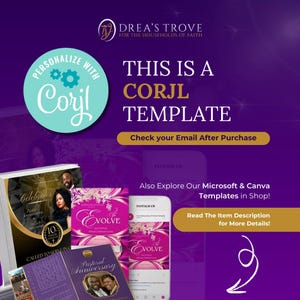 May include: A purple and white graphic design template for a church anniversary celebration. The template is designed for use with the Corjl website. The text on the template reads "Celebrates Pastor Anniversary 10th Anniversary Called to Serving" and "Pastoral Anniversary".