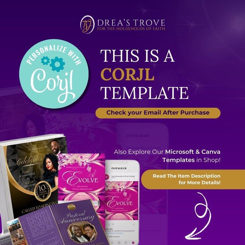 May include: A purple and white graphic design template for a church anniversary celebration. The template is designed for use with the Corjl website. The text on the template reads "Celebrates Pastor Anniversary 10th Anniversary Called to Serving" and "Pastoral Anniversary".