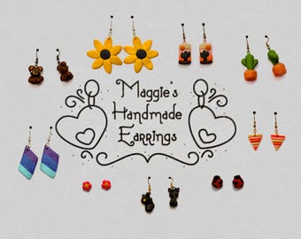 Handmade Polymer Clay Earrings – Cactus, Cat, Flower Designs