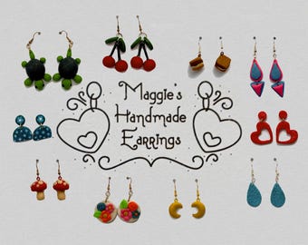 Handmade Polymer Clay Dangle Earrings: Whimsical Cherries, Turtles, Mushrooms