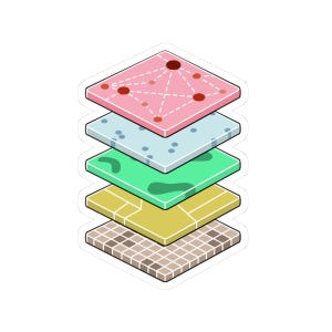 May include: A stack of five colorful layers, each with a different pattern. The top layer is pink with a network of red dots connected by dashed lines. The second layer is light blue with white dots. The third layer is green with a light green pattern. The fourth layer is yellow with a brown pattern. The bottom layer is brown with a light brown pattern.