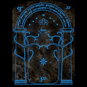 May include: A blue and white illustration of a stone archway with a star and a crown at the top. The archway is surrounded by a vine-like pattern. The text "CYCD Dayic: pape CF gamyipiaya Ayxagian pabep i bia Xip::" is written in a circular pattern around the top of the archway.