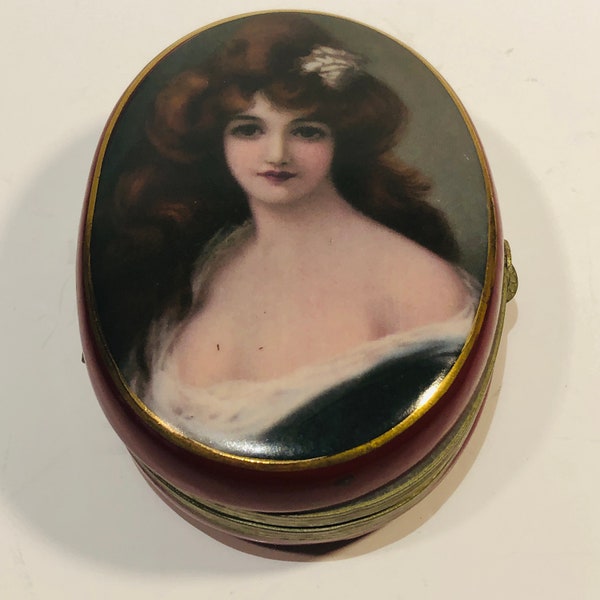 Antique Vintage French Victorian Porcelain Trinket Box, Hand Painted, Victorian Woman Portrait, Collectible Oval Jewelry Pill Trinket Box