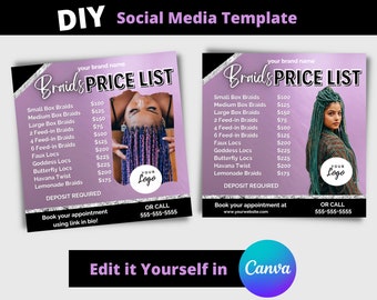 Braids Price List Flyer, Hair Price List,  Knotless Braids Special, Hair Flyer, DIY Beauty Flyer, DIY Canva Template, Purple Braids Flyer