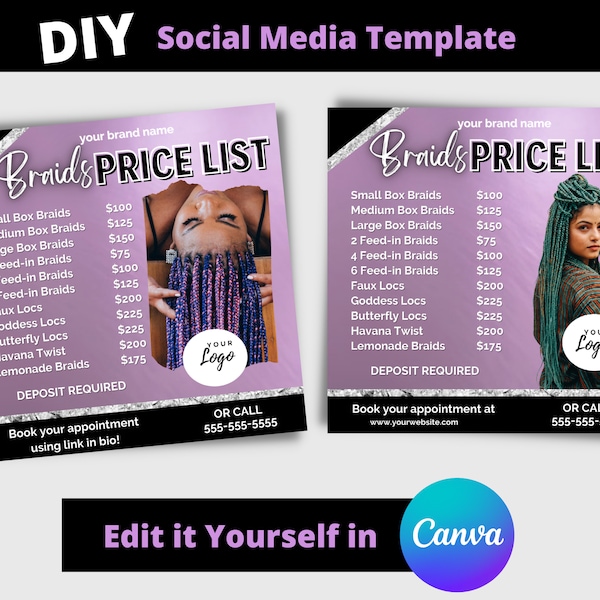 Braids Price List Flyer, Hair Price List,  Knotless Braids Special, Hair Flyer, DIY Beauty Flyer, DIY Canva Template, Purple Braids Flyer