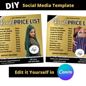 Braids Price List Flyer, Hair Price List,  Knotless Braids Special, Hair Flyer, DIY Beauty Flyer, DIY Canva Template, Gold Braids Flyer