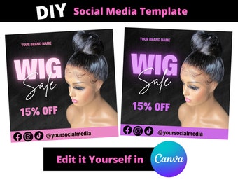 DIY Wig Sale Flyer, Book Now Flyer, Beauty Flyer, Hair Flyer, Book Now Template, Social Media Flyer, Sales Flyer, Wig Flyer Pink, Purple