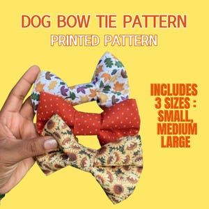 May include: Three dog bow ties in different patterns. The bow ties are layered on top of each other. The top bow tie has a white background with a leaf pattern. The middle bow tie has a red background with white polka dots. The bottom bow tie has a yellow background with a sunflower pattern. The text "INCLUDES 3 SIZES - SMALL, MEDIUM, LARGE" is visible in the image.