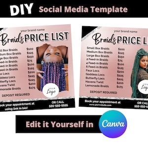 Braids Price List Flyer, Hair Price List,  Knotless Braids Special, Hair Flyer, DIY Beauty Flyer, DIY Canva Template, Rose Gold Braids Flyer