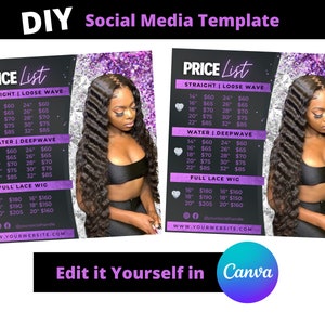DIY Purple Hair Price List Flyer, Social Media Flyer , Hair Flyer, Bundle List, Hair Business Flyer, Hair Pricing Flyer, Hair Bundles Flyer,