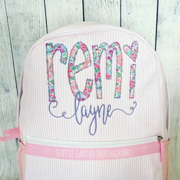 Pink Seersucker Floral Fabric Appliqué Name Backpack