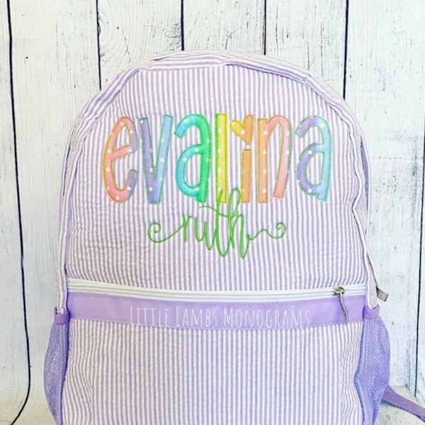 Purple Seersucker Backpack with Rainbow Appliquéd Name. Perfect for Daycare, School or Dance