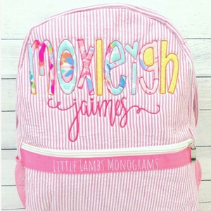 Pink Seersucker Backpack with Bright Applique Name. Girls Pink Backpack/Diaper Bag