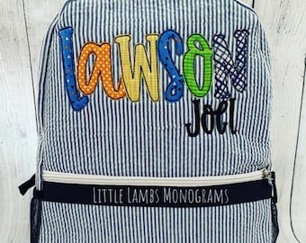 Navy Seersucker Applique Name Backpack/Diaper Bag in Fun Primary Colored Fabrics