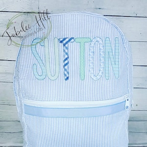 Light Blue Seersucker Backpack/Diaper Bag with Light Blues and Greens