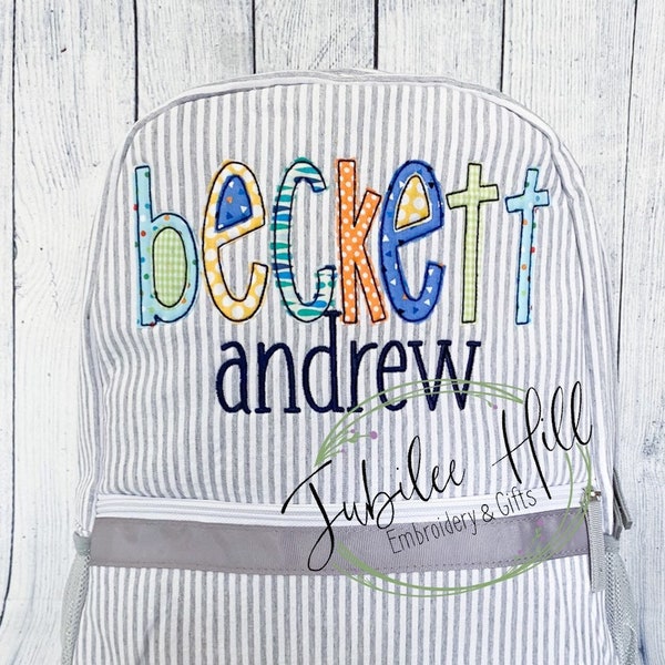 Grey Seersucker Backpack/Diaper Bag with Colorful Fabric Applique Name