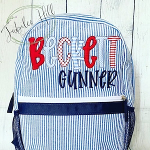 Seersucker Backpack/Diaper Bag with Name Appliqué in Blues and Reds